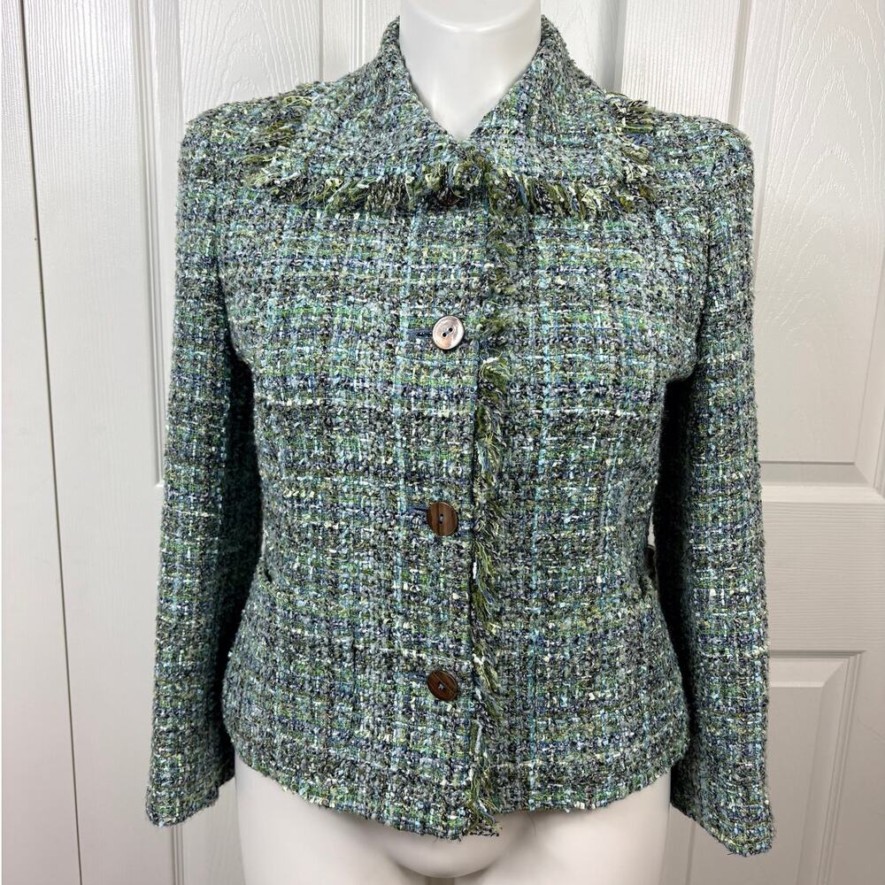 Jones New York Blue and Green Women's Tweed Blazer Size 12 Wool Blend